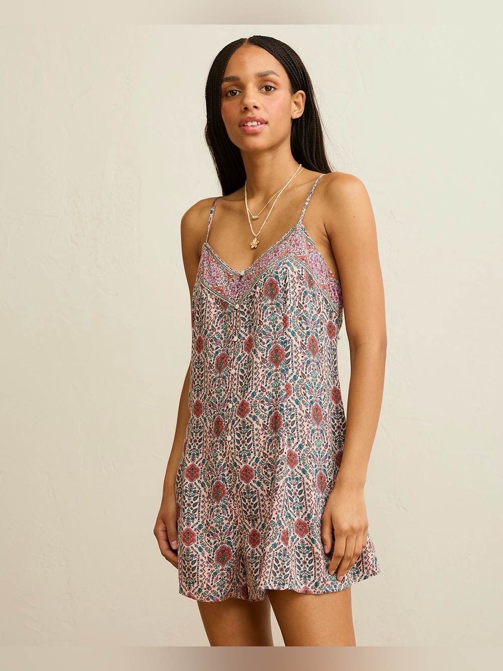 NWOT American Eagle Button-Up Flowy Romper Pink Floral Paisley Size M